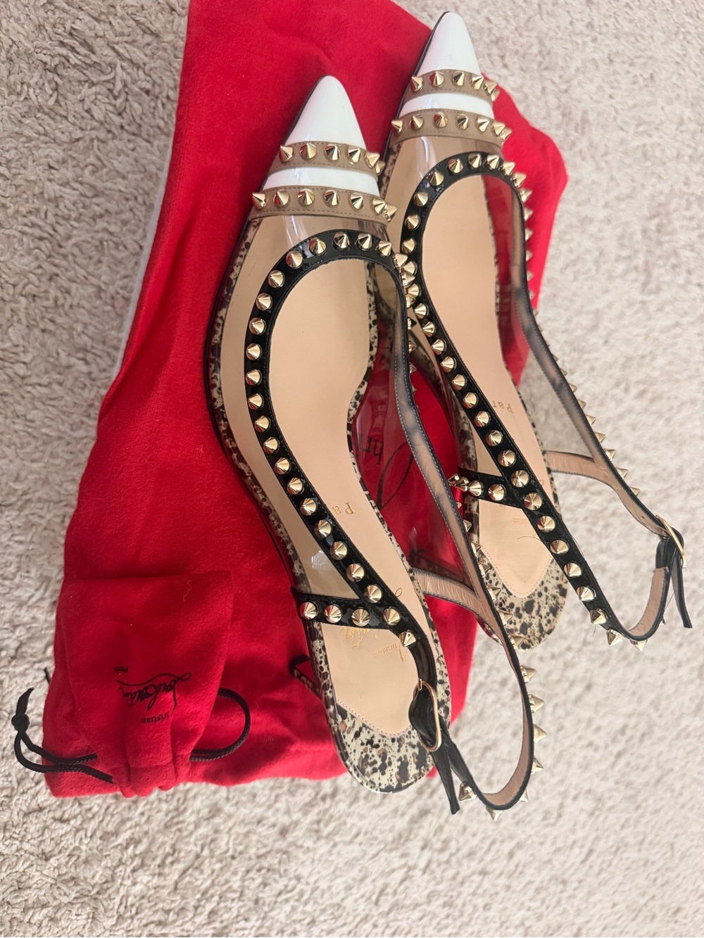 Christian Louboutin White Pointed Studded Slingback Heels - Picture 4 of 8